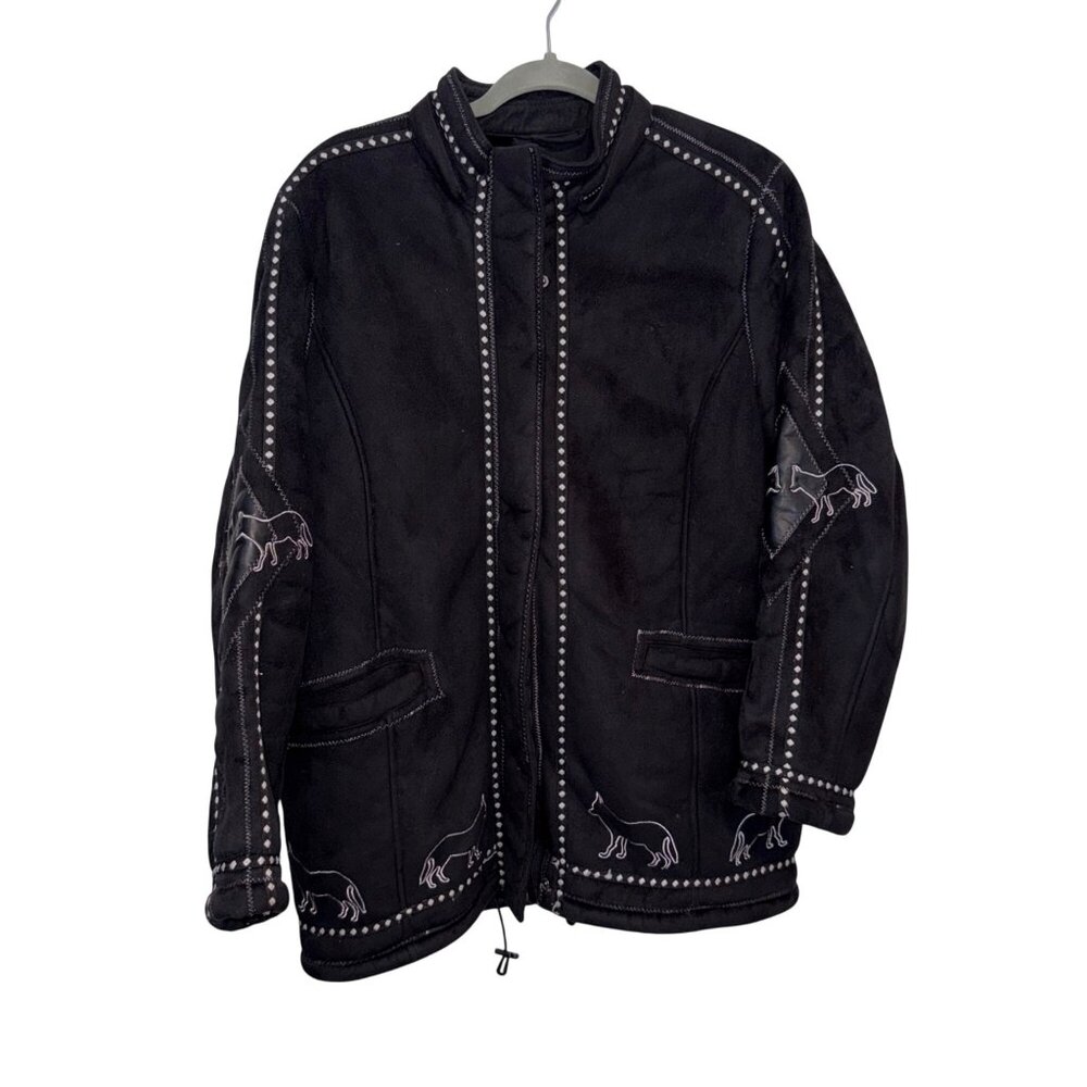 Ameri Mode Black Suede Jacket Embroidered Wolf/Fo… - image 1